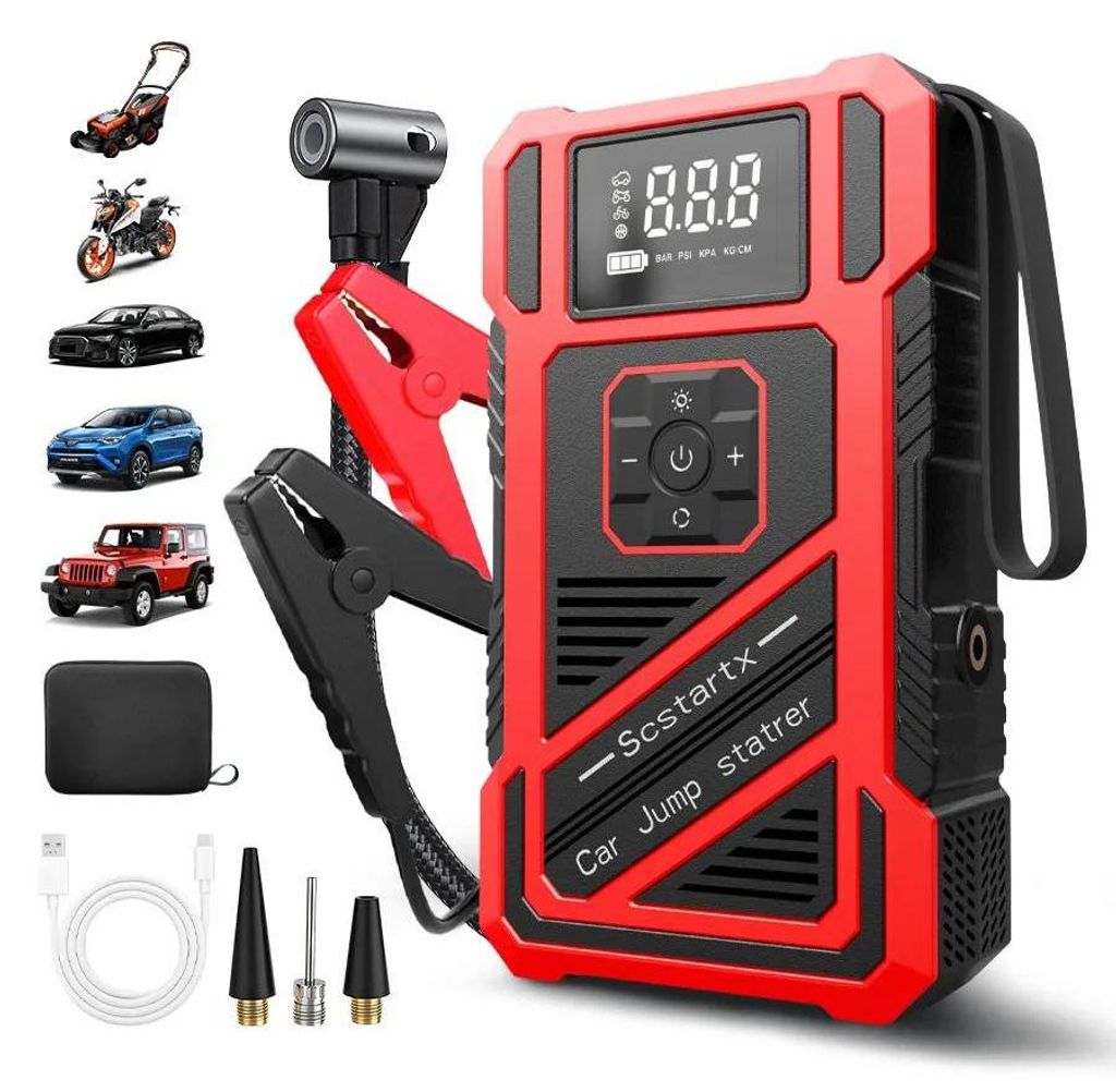 Auto Starthilfe 4‐in‐1 - Starthilfe-Booster mit Luftkompressor - 150 PSI, 14,8 V, Powerbank, Digitaldisplay, tragbar, Standardklemmen