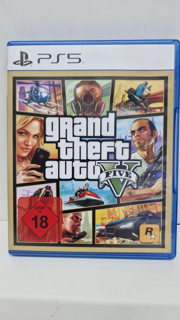 The image shows the cover art for the video game Grand Theft Auto V for PlayStation 5.