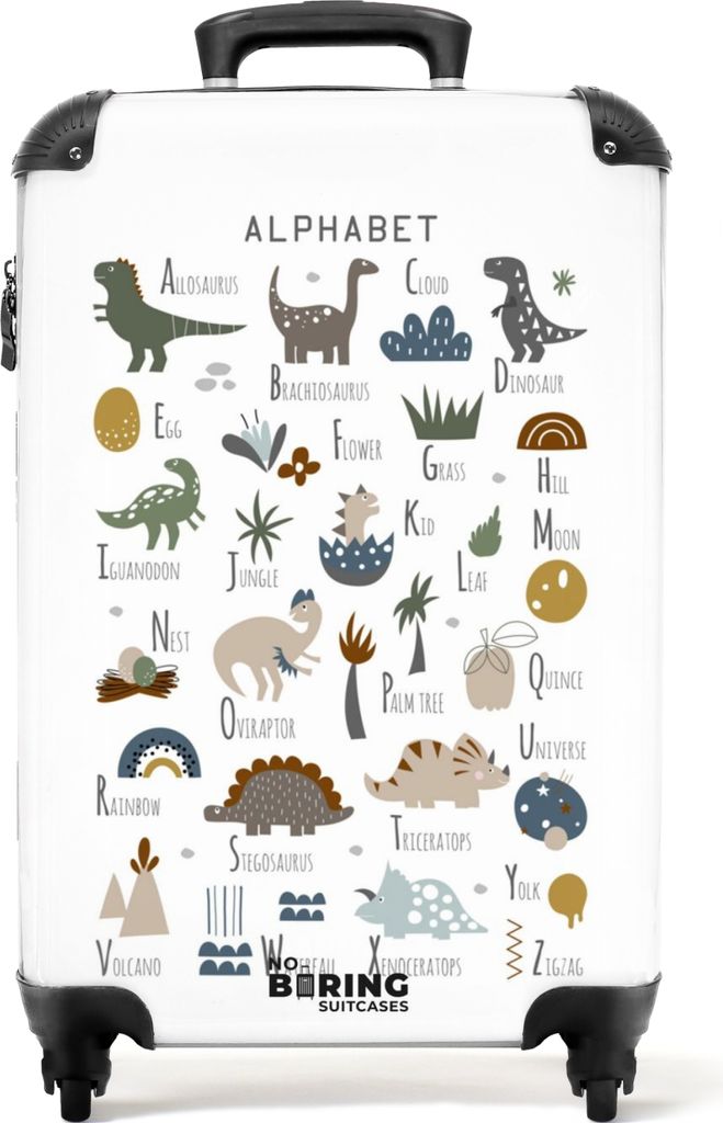 NoBoringSuitcases.com Koffer Handgepäck Trolley Rollkoffer Kleine Reisekoffer mit 4 Rollen - Alphabet - Dino - Jungen - Pädagogisch - Cabin Siz...