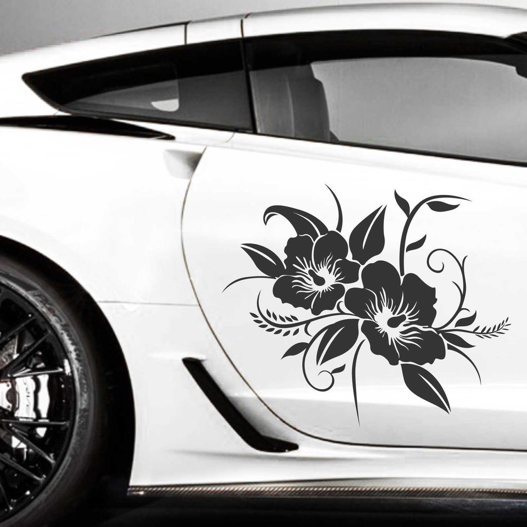 Aufkleber - 2er Set Autoaufkleber "Hibiskusblüten" je 50cm x 60cm schwarz - Tuning Carystyling Heckscheibe Auto