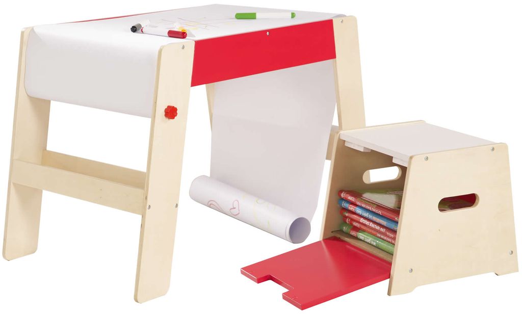 roba Maltisch & Hocker Set, Kindertisch & -Stuhl Kombination Holz natur/rot