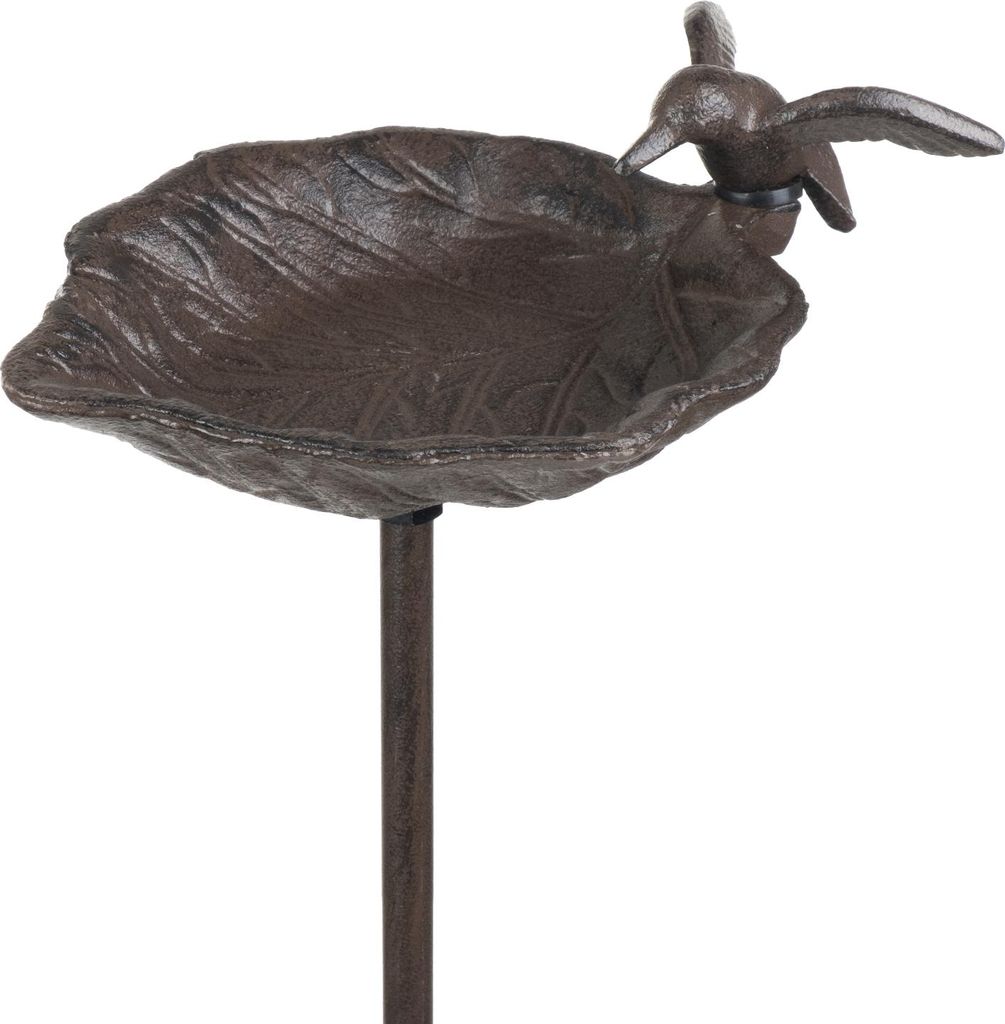 Vogeltränke auf Stab Gusseisen mit Kolibri Deko Schale für Garten Terrasse Balkon 99 cm hoch braun Antikstil Wetterfest Insektenbad Wasserschale ...