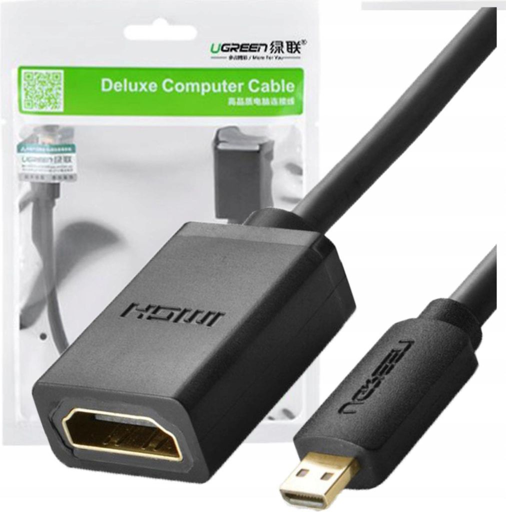 A product shot of a Ugreen Micro-HDMI to HDMI cable, shown in its packaging.