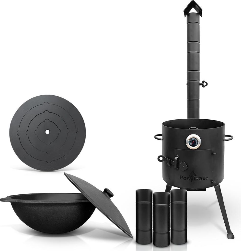 Feuerofen Ø 36 сm mit Thermometer Verlängerungsrohr und Herdplatte 4 Ringe 40 cm Gusseisen Kazan 10 L runder Boden mit Deckel Ø 36,7 cm Каз...