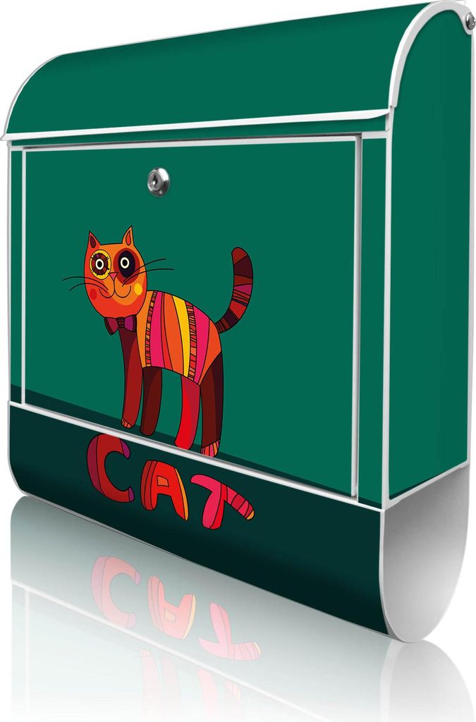 banjado Design Briefkasten Stahl weiß mit Zeitungsfach pulverbeschichtet "Orange Katze" 38x46x12,5cm & 2 Schlüssel - Postkasten A4 Einwurf inkl. ...