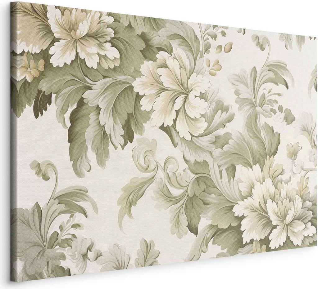 Italienischer Leinwand Leinwandbild - Retro Vintage Flowers in Delicate Cream and Green Colors 60x40 cm Blumen f-H-10015-b-a