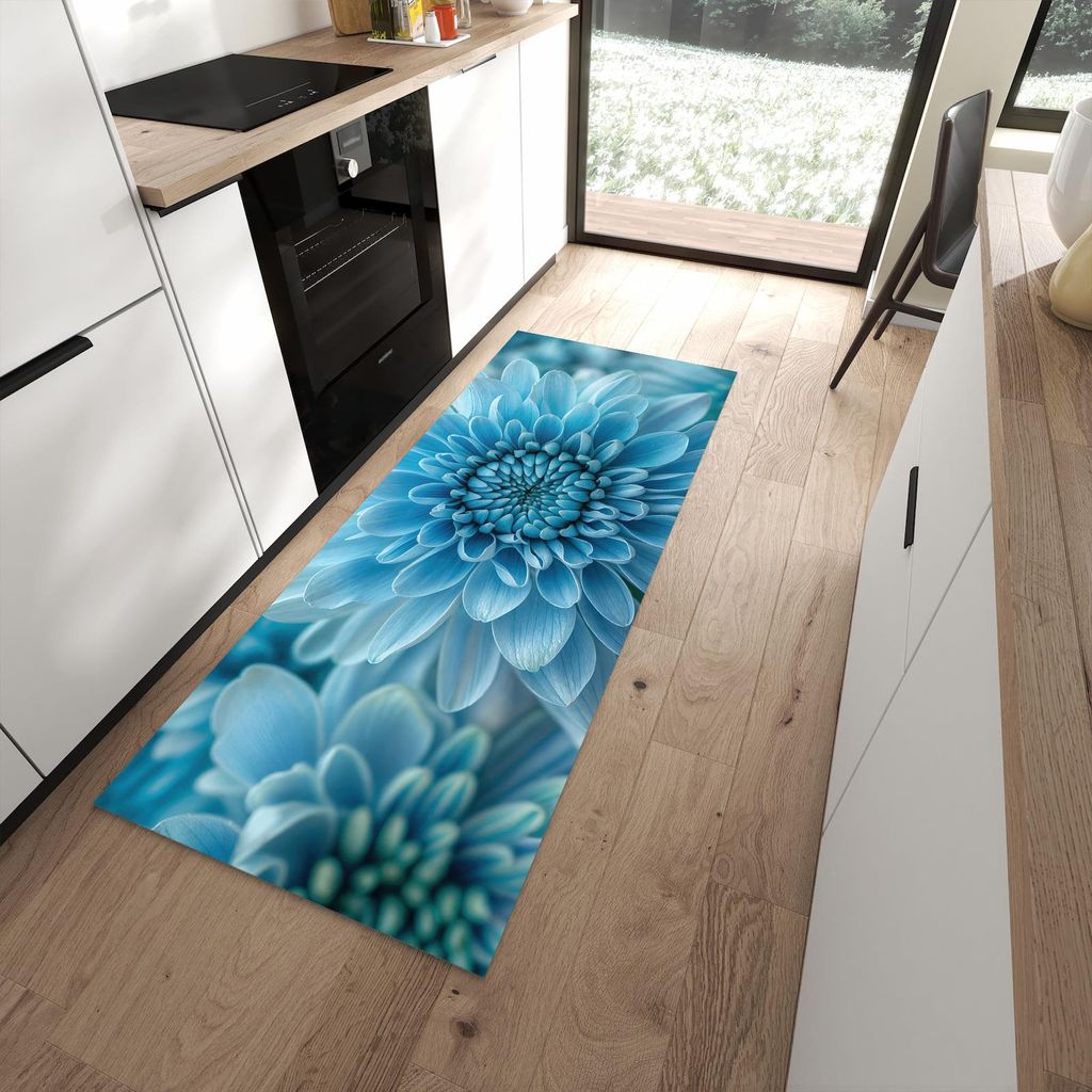 Küchenteppich 80x200cm rutschfest & abwischbar PVC Läufer - Blume von Blaue