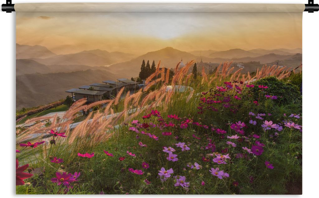 MuchoWow Wandteppich Wandbehang Blumen - Hügel - Sonnenuntergang 150x100 cm Tapisserie Dekoration Wandtuch - Waschbar - Tapisserien - Wand-Decke
