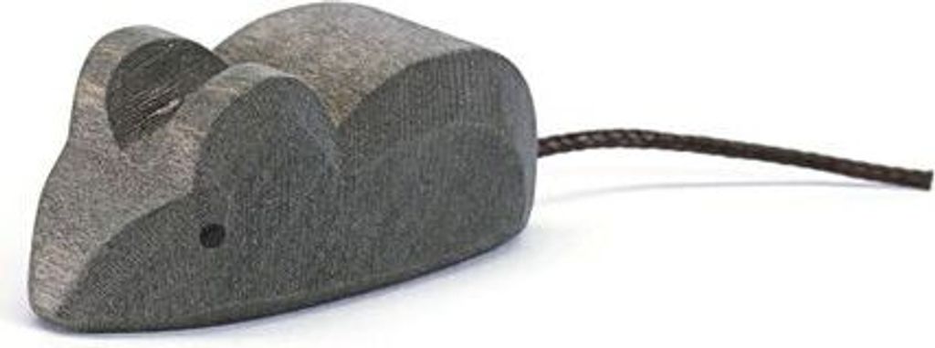 A wooden toy mouse with a string tail on a white background.