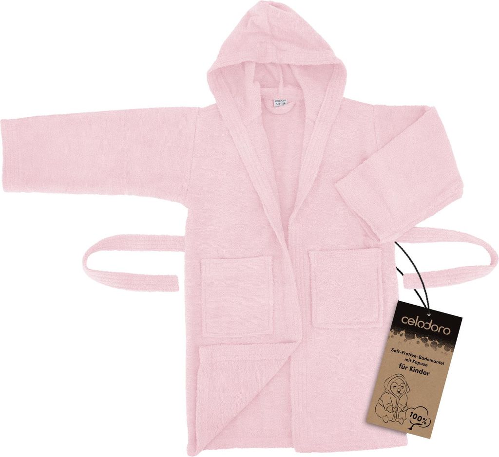 Celodoro Kinder Bademantel mit Kapuze Baumwolle - Rosa 146-152
