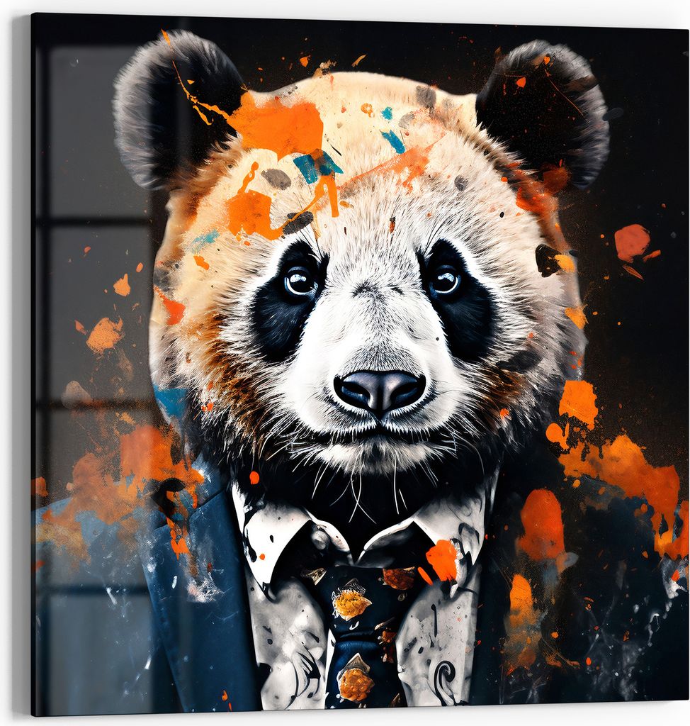 DEQOART Glasbild Echtglas 30x30 cm 'Urbaner Panda-Stil' Wandbild Bild modern Deko
