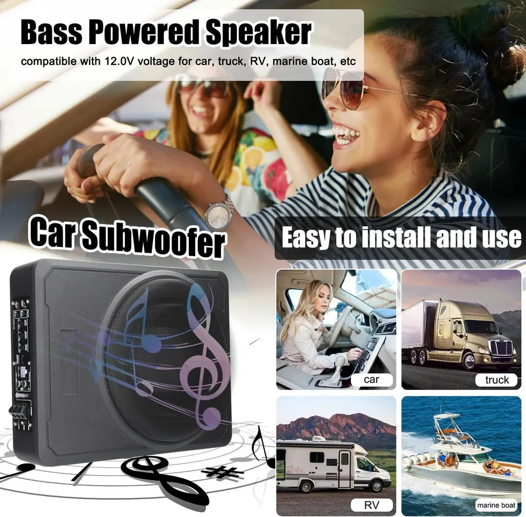 Subwoofer Attivo 12V 800W per Auto - Cassa Chiusa 23cm Slim Alluminio - 3