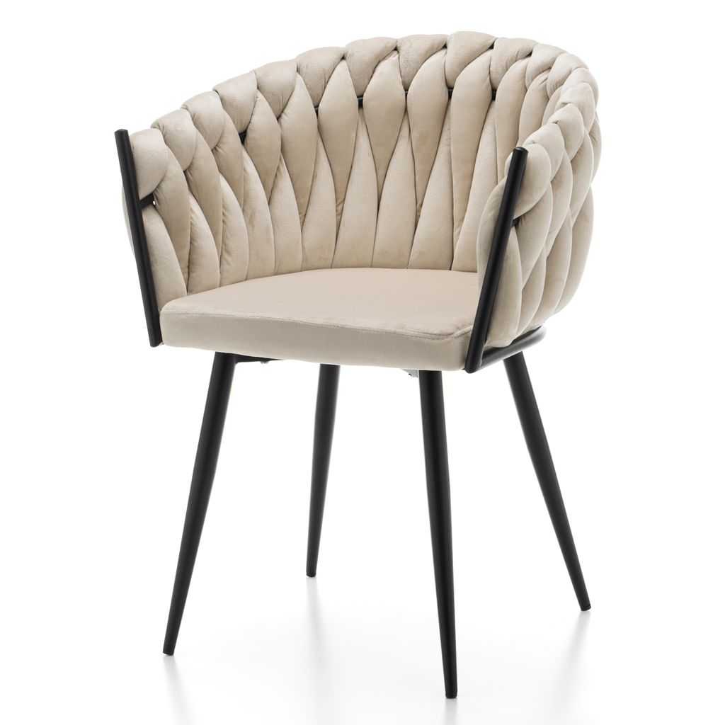 A beige upholstered chair with black legs against a white background.