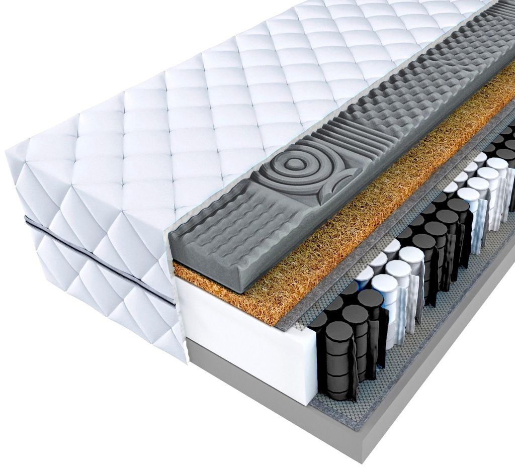 A cross-section of a mattress showing its internal layers.