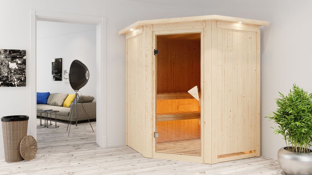 Sauna Larin : Bronzierte Ganzglastür : mit Dachkranz : 9 kW Ofen + Steuergerät Easy Dachkranz: mit Dachkranz Saunaofen: 9 kW Ofen + Steuerger...