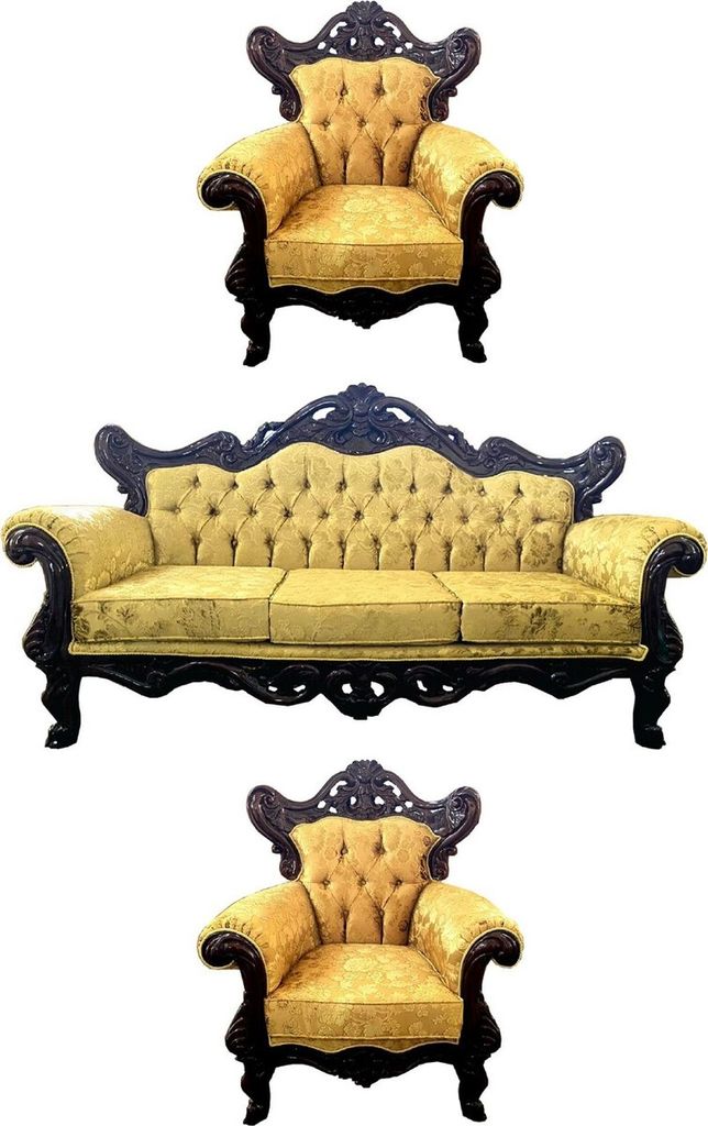 Casa Padrino Luxus Barock Wohnzimmer Set Gold mit Muster / Dunkelbraun - 1 Barock Sofa & 2 Barock Sessel - Wohnzimmer Möbel im Barockstil - Edel &...