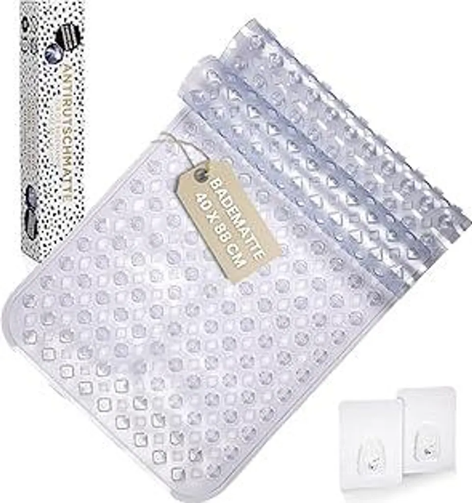 Tappetino antiscivolo per vasca da bagno trasparente I 88x40 cm I Tappetino antiscivolo di alta qualità per vasca da bagno I Tappetino antibatterico per vasca da bagno con ventose e fori di drenaggio I Tappetino antimuffa per vasca da bagno - 1