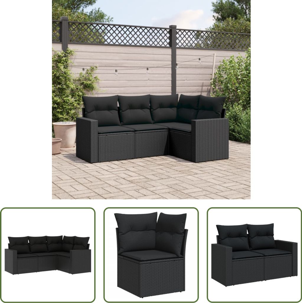 The Living Store 4-tlg. Garten-Sofagarnitur mit Kissen Schwarz Poly Rattan