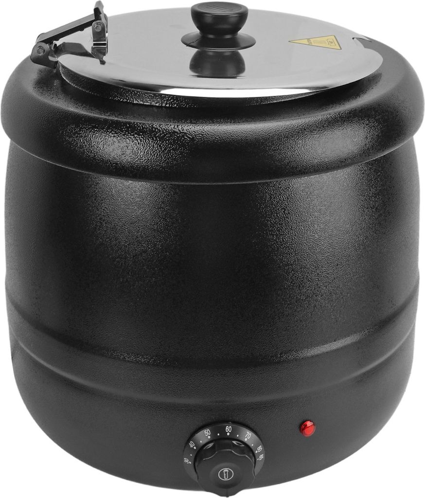 A black soup kettle warmer with a silver lid and a control dial on the front.