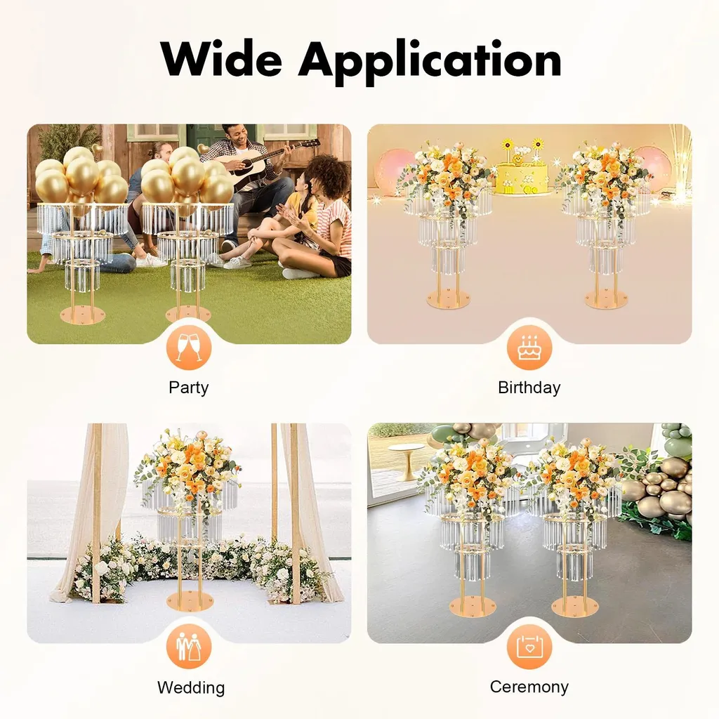 Décoration mariage : Support fleurs doré 3 étages en cristal 90cm