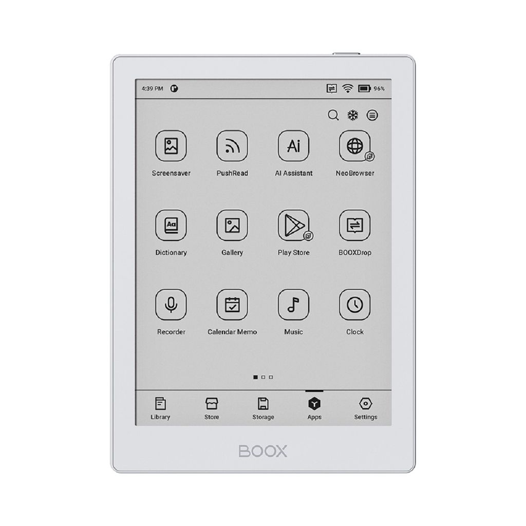 A white e-reader device displaying its home screen with various app icons.