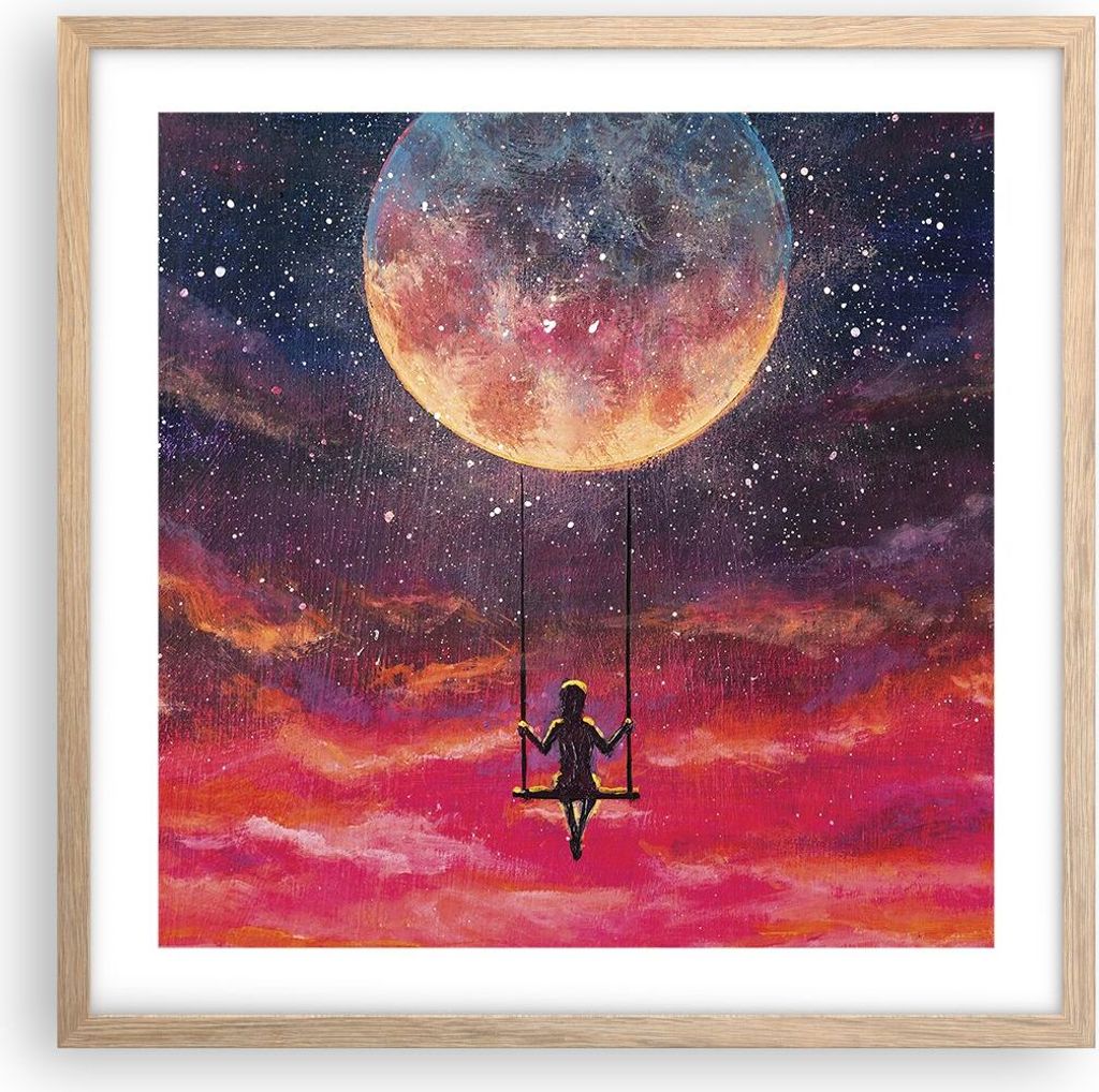 Gerahmtes Poster - Rahmen in heller Eiche - Mond Schaukel Produktbild 