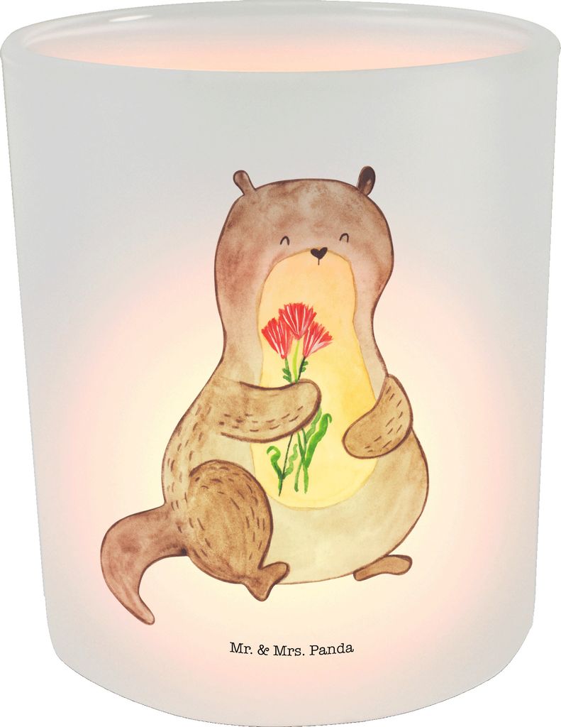 Mr. & Mrs. Panda Teelichthalter Glas Otter Blumenstrauß - Transparent - Geschenk, Seeotter, Süß, Deko Windlicht, Kerzenhalter, aus, See, Niedlich