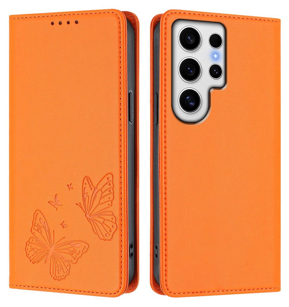 Lederhülle für Samsung Galaxy S24 Ultra, Schmetterling Prägung Leder Brieftasche Schutzhülle mit Ständer Orange