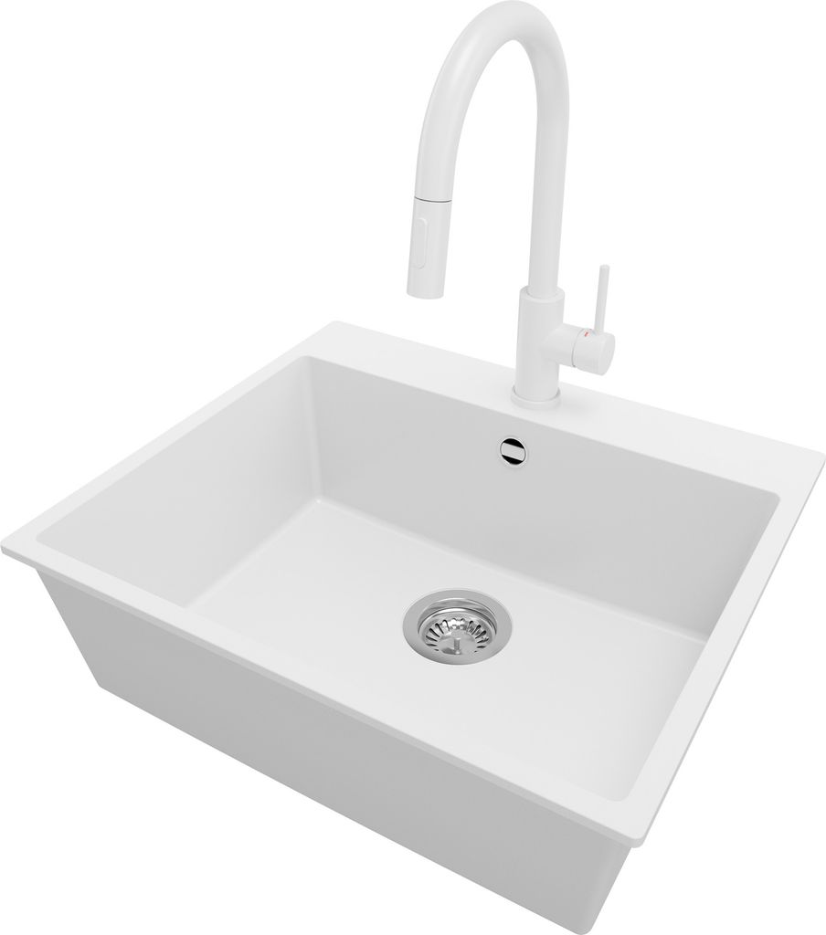 PRIMAGRAN Granitspüle Weiß 58x50cm, Spülbecken 1 Becken + Küchenarmatur 40x20cm + Ablauf-Set, Küchenspüle ab 60er Unterschrank - Riga