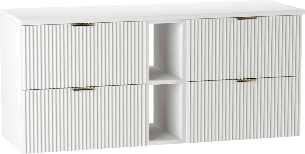 WENA Waschtischunterschrank 140 cm, geriffelte Fronten, Griffe aus Metall in der Farbe Gold (Farbe: Weiß)