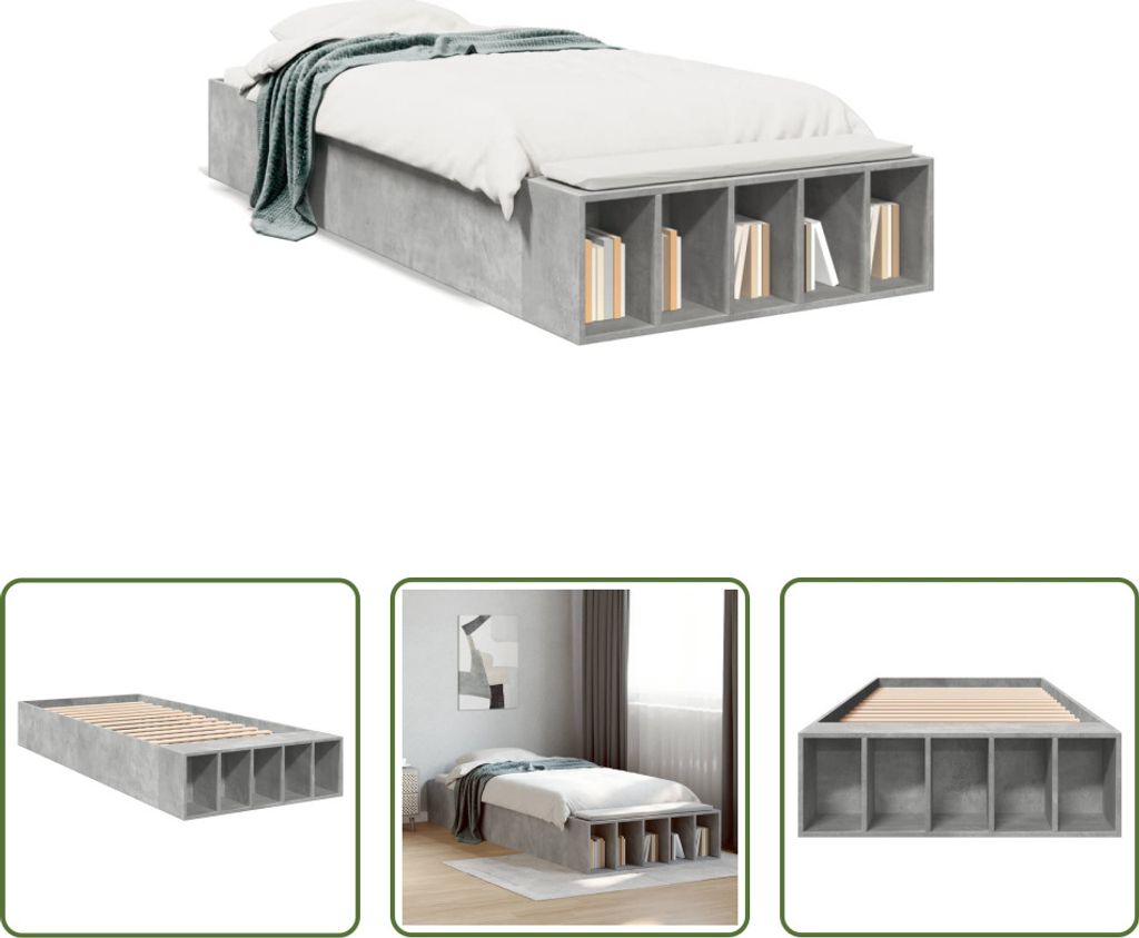 The Living Store Bettgestell Betongrau 75x190 cm Holzwerkstoff