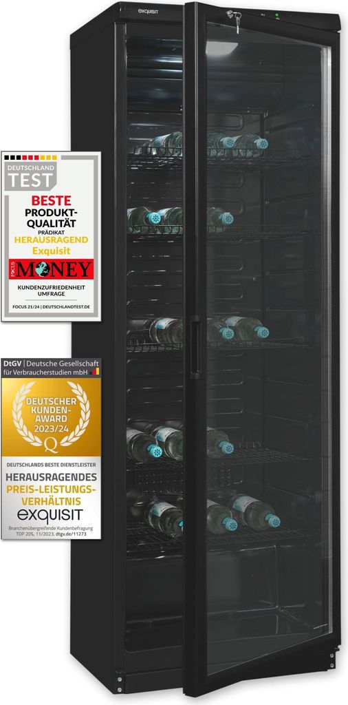 A tall, black wine cooler with a glass door, showing bottles inside. There are two award badges on the left side.