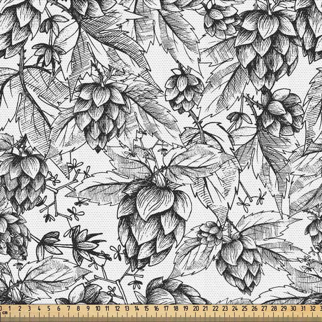 ABAKUHAUS Vintage Botanik Gewebe als Meterware, Sketch Look of Monochrome Bier Hops Kegel und Blätter auf Zweigen, 1 M (148 x 100 cm), Charcoal Gr...