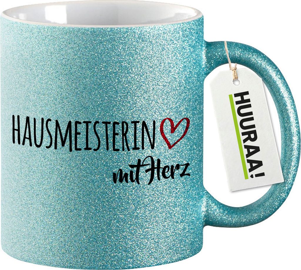 Huuraa Glitzertasse Hausmeisterin mit Herz 330ml Blau Keramik Kaffeebecher Geschenkidee