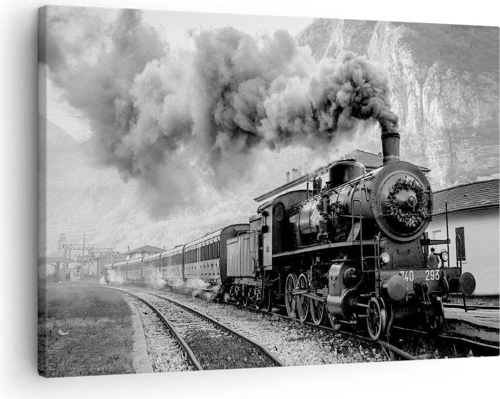 Bild auf Leinwand - Leinwandbild - Einteilig - Zug Schwarzweiß Rauch - 70x50cm - Wand Bild - Wanddeko - Wandbilder - Leinwanddruck - Bilder - Wand...