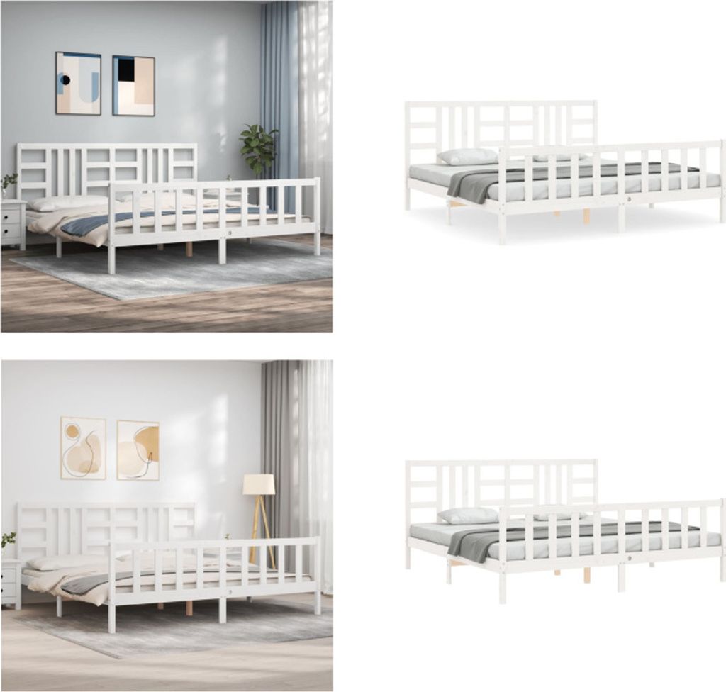 vidaXL Massivholzbett mit Kopfteil Weiß 200x200 cm - Bettrahmen - Bettgestell - Bett - Doppelbett