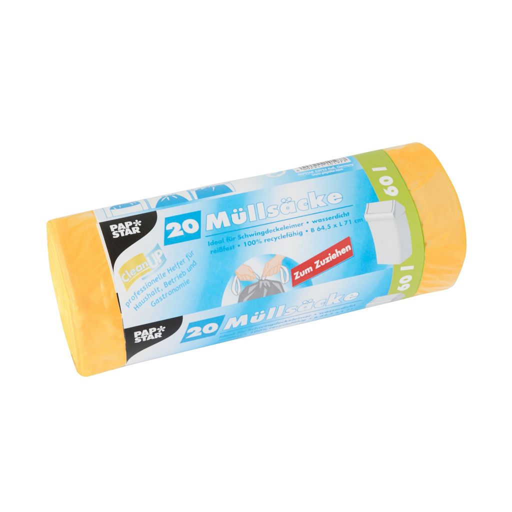 PAPSTAR Mülleimerbeutel HDPE mit Zugband 60 Liter gelb Produktbild 