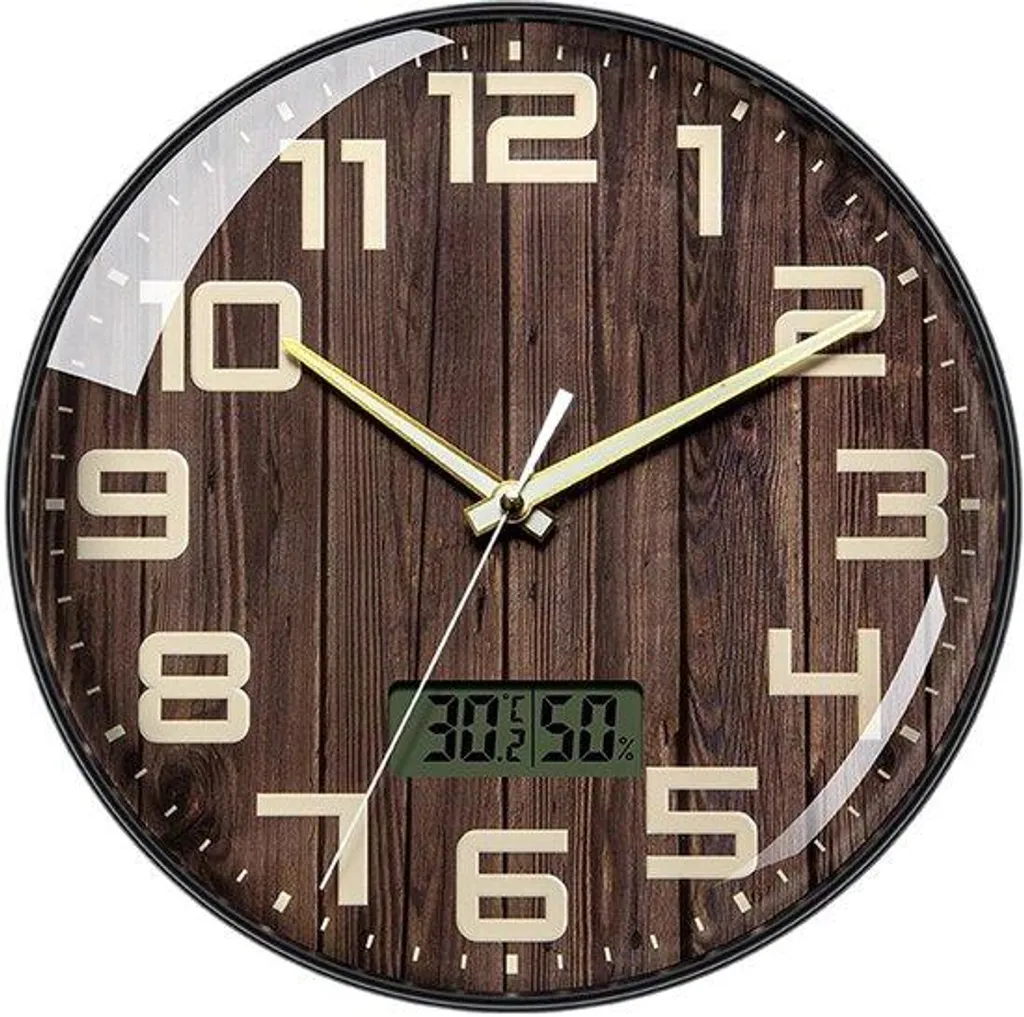 Pendule murale bois brun avec station météo LCD et grands chiffres 30 cm