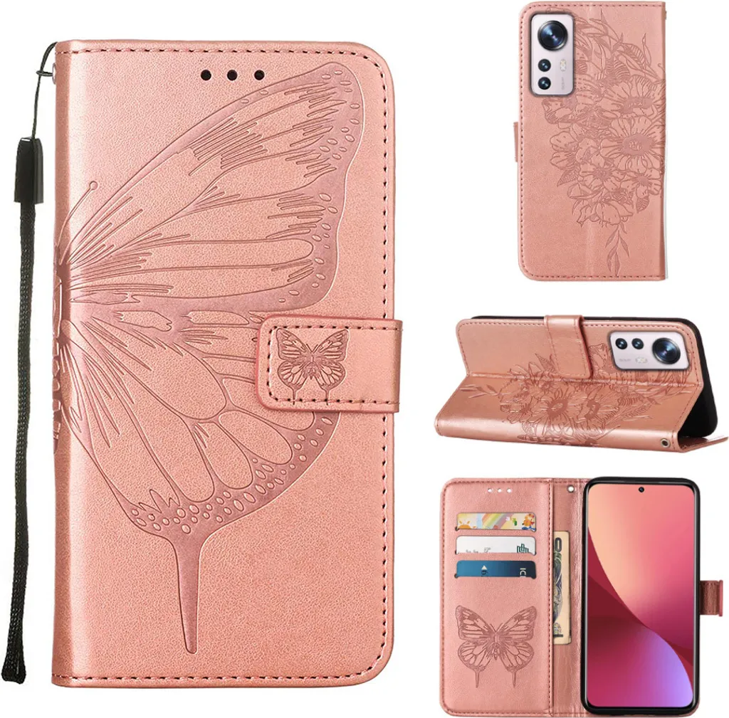 Xiaomi 12 Pro Case, Butterfly Embossing Flip Leather Card Holder Custodia protettiva in pelle con stand per Xiaomi 12 Pro Rose Gold