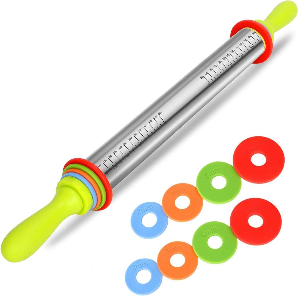 Teigrolle mit Handgriff - einstellbar - 4 Abstandshalter - Teigdicke - Antihaftbeschichtung - BPA-frei - Backzubehör - 35 cm - Edelstahl