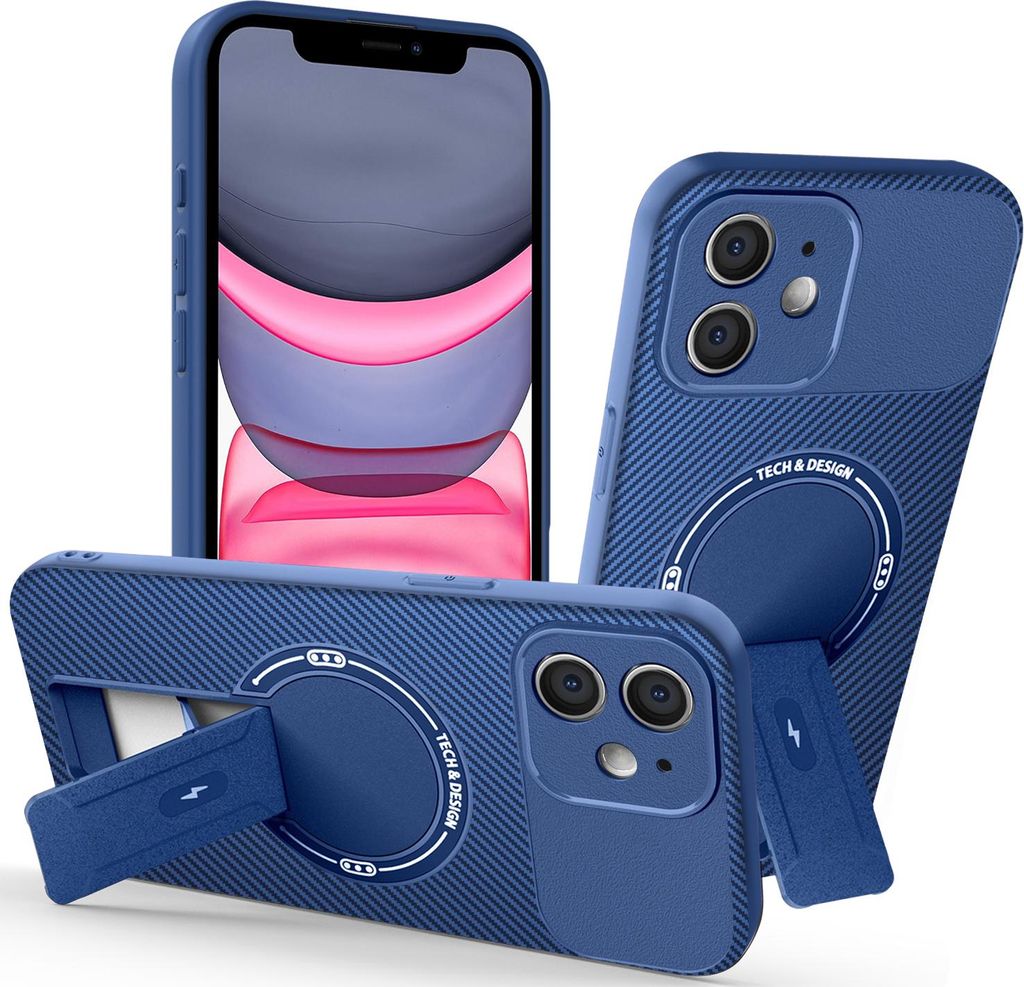 Hülle für iPhone 12 Magnetisch Carbonfaser Design TPU Hybrid Handyhülle mit Ständer Blau