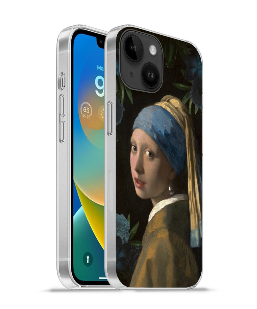 MuchoWow Handyhülle Schutzhülle Hülle für Apple iPhone 14 - Softcase Mädchen mit einem Perlenohrring - Blumen - Blau Silikon Softcase Handy ...