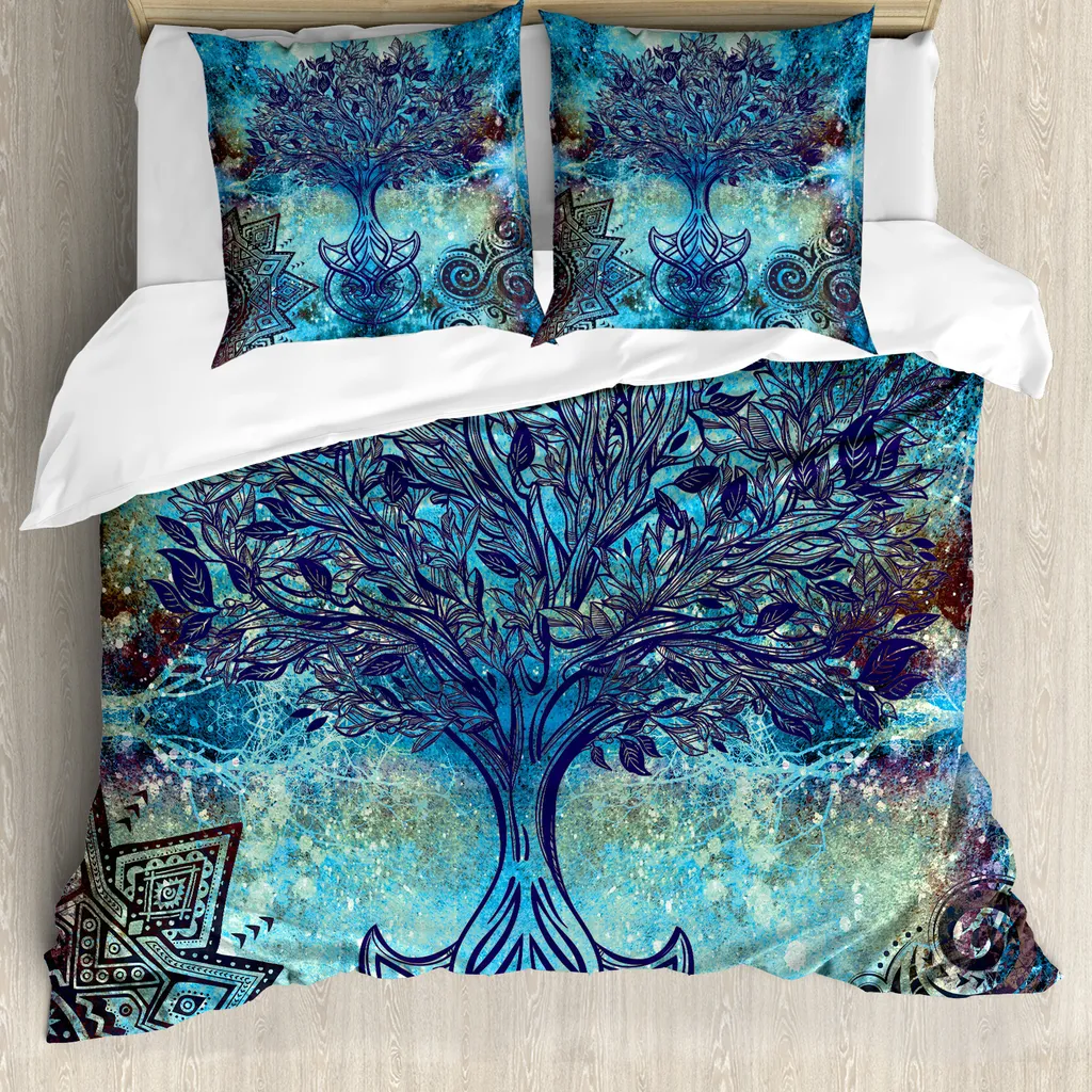 ABAKUHAUS Copripiumino etnico, alberi mandala, antiacaro, adatto a chi soffre di allergie, con federe, 200 cm x 200 cm - 80 x 80 cm, turchese marrone