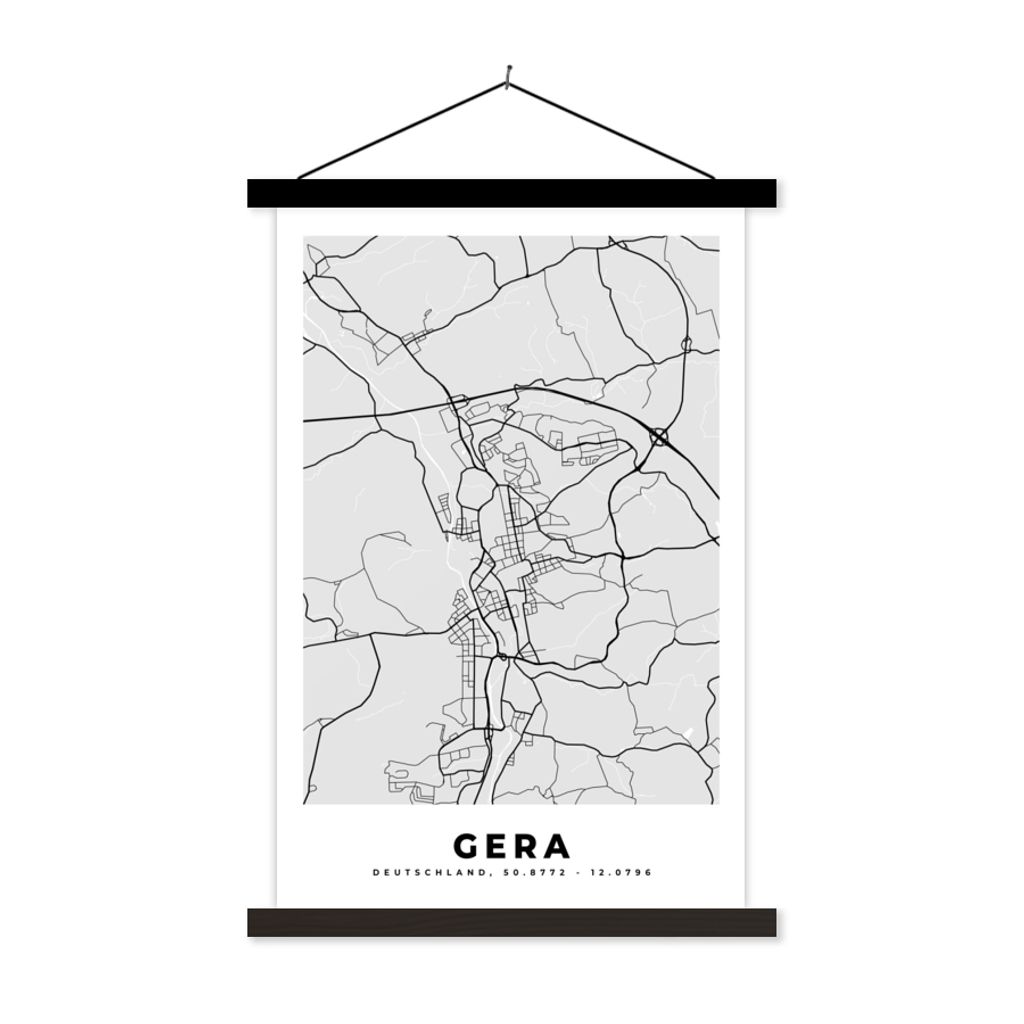MuchoWow Textilposter Karte - Gera - Deutschland - Stadtplan - Karte 60x90 cm mit schwarzem Rahmen - Poster Wohnzimmer