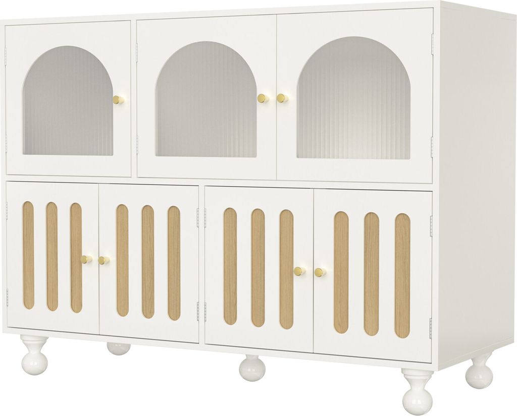 Modernes Sideboard(Weiss)Glastürdesign,Tür in Klaviertastenform, runde Säulenbeine, stilvoller Aufbewahrungsschrank