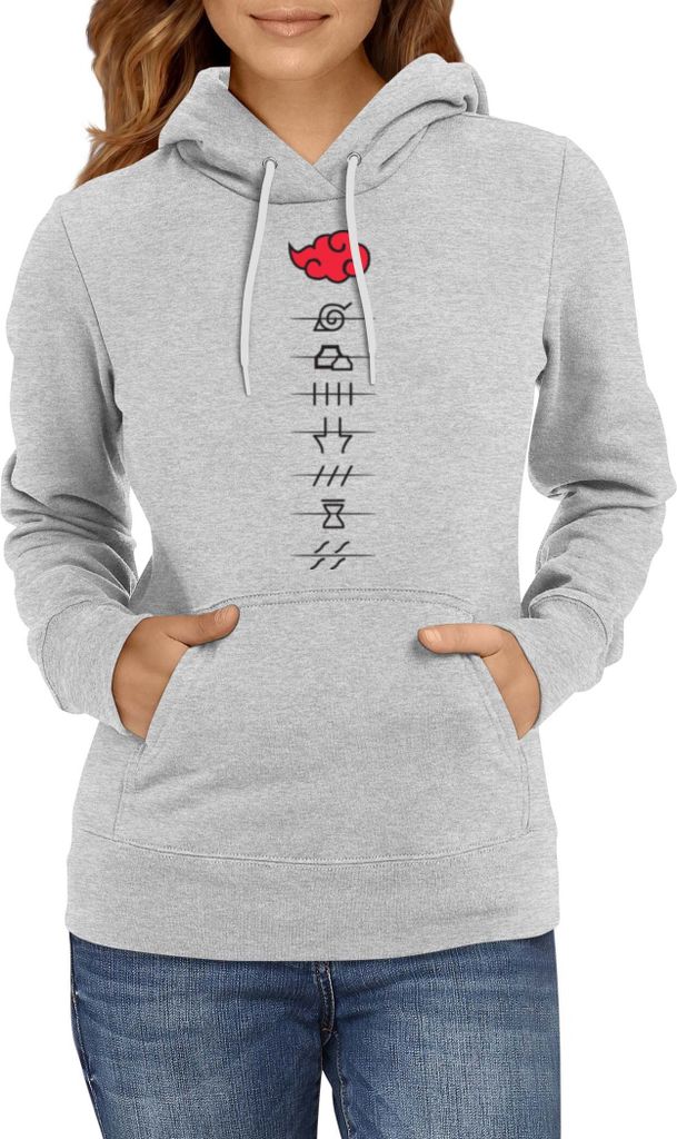 Damen Kapuzenpullover Japan Anime Manga Naruto Akatsuki Members Village Symbols, Lady XL / Grau