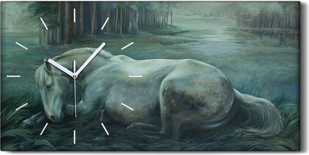Wandbild Leinwand Bilder Wanduhr 60x30 Malerei Wald Bäume Pferd Natur Kunst - weiße Hände