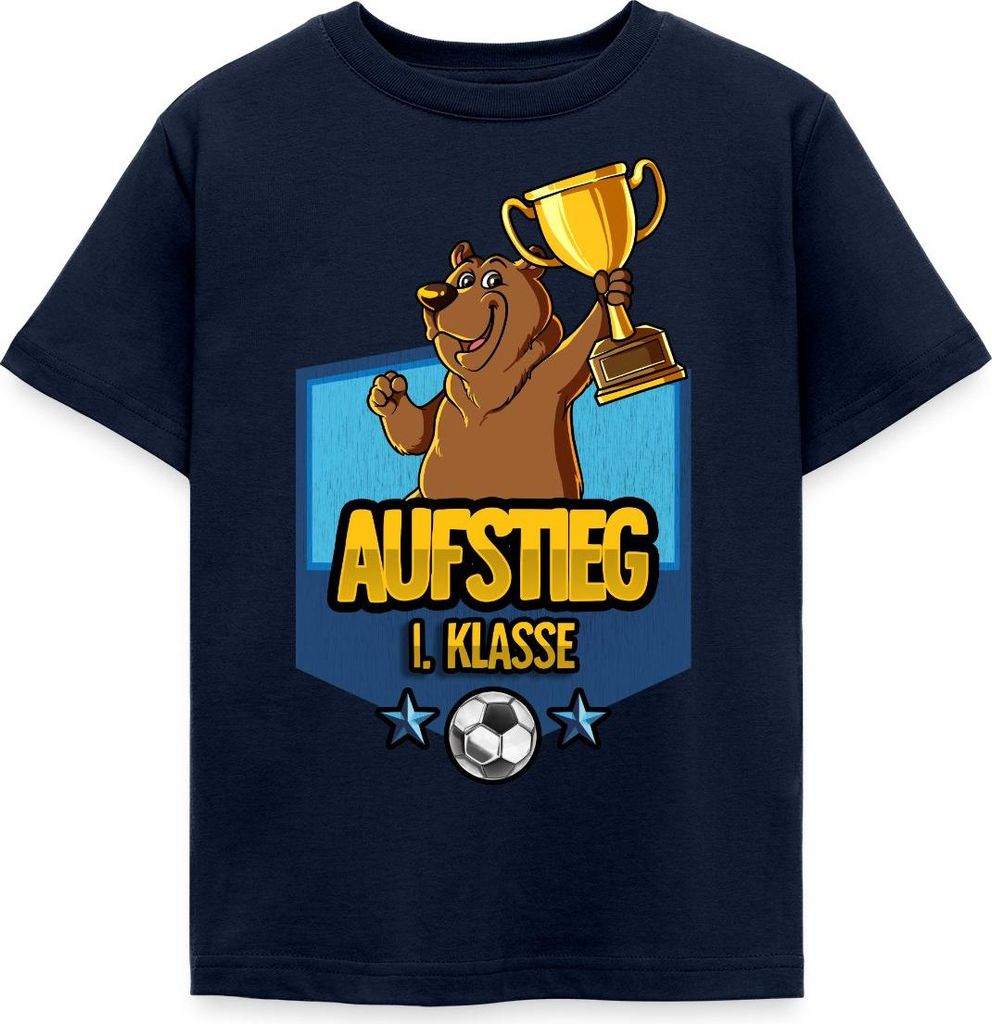 Spreadshirt Aufstieg 1. Klasse Schulanfang Fußball Bär Kinder T-Shirt, 98/104 (3-4 Jahre), Navy