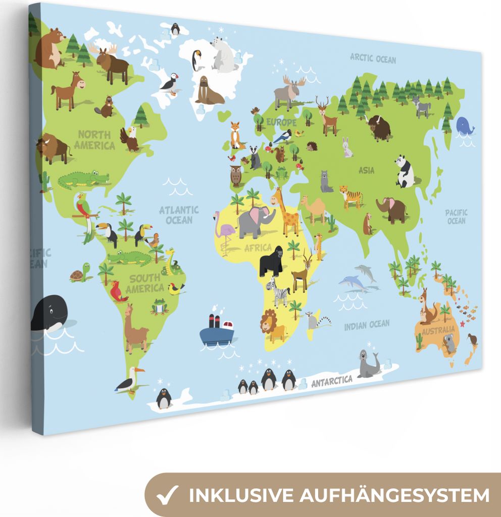 MuchoWow - Leinwandbilder - Weltkarte - Kinder - Tiere - Blau - Grün, Wandbild, Wanddeko Bilder Wohnzimmer, 90x60 cm