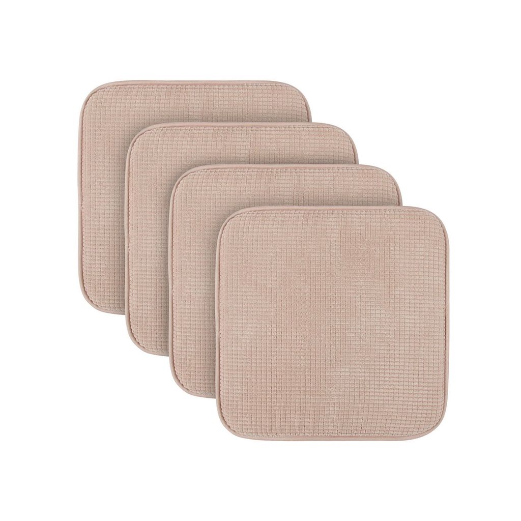 Four beige square seat cushions are stacked diagonally on a white background.